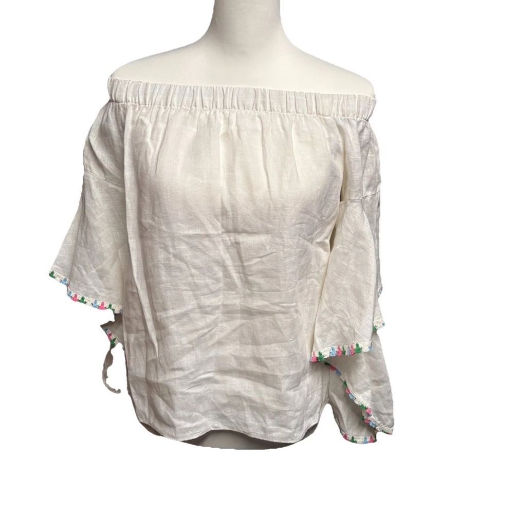 Zara Woman 100% Linen White Flutter Sleeve Top Size XS Tassels Peasant Flowy